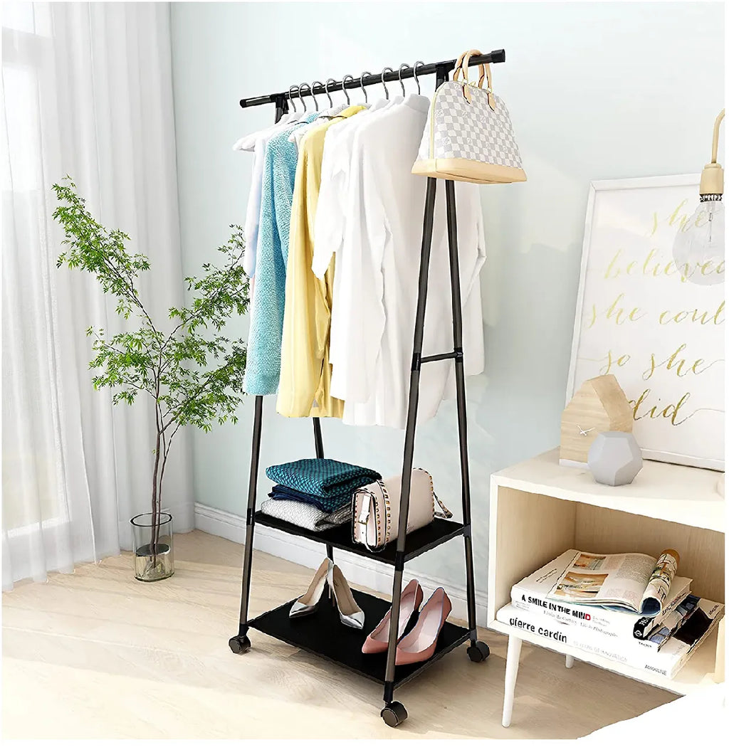 Clothes Rack Small Metal Garment Rack with Shelves and Rolling Wheels