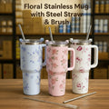 Floral stainless mugs with steel straws and a cleaning brush - 1200ml