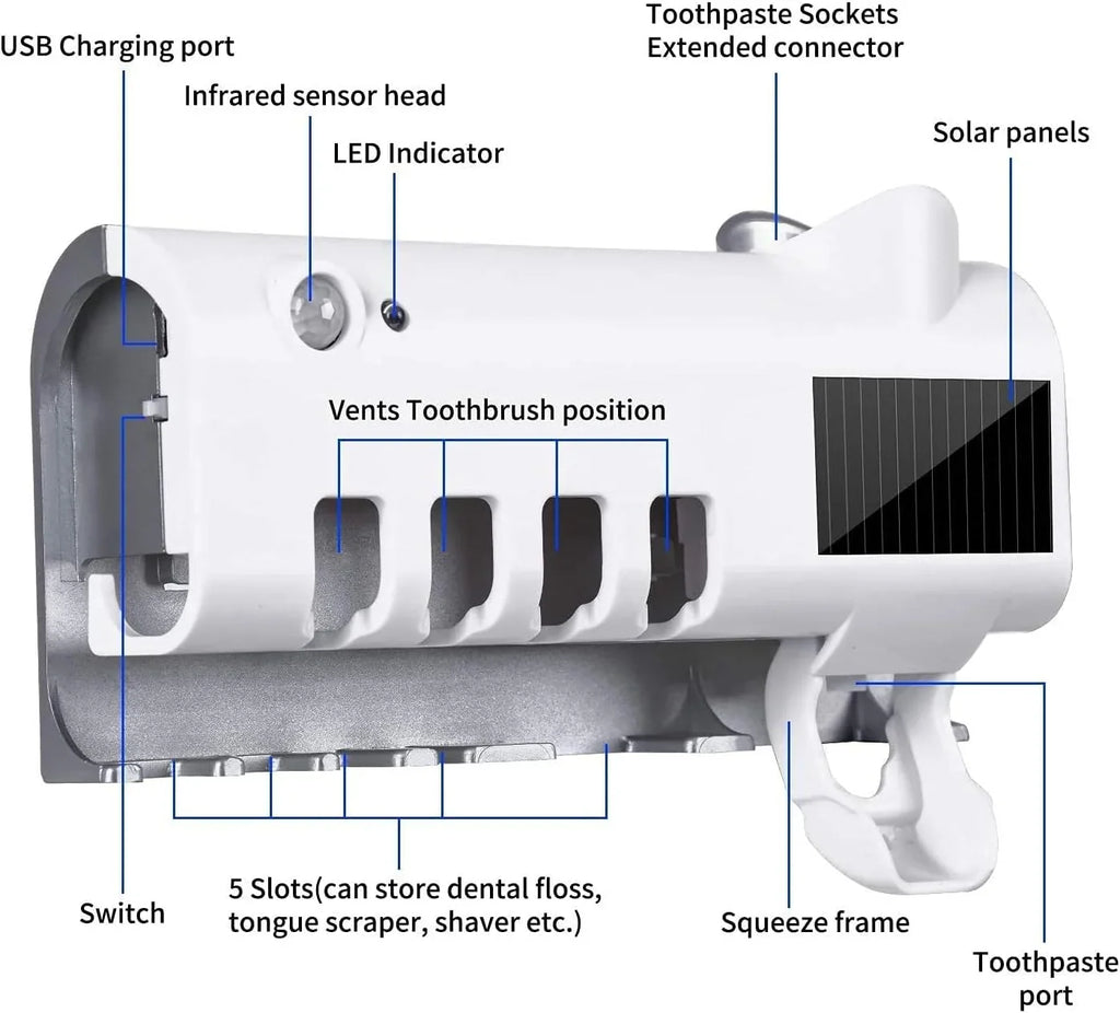 UV Toothbrush Sterilizer/Rechargeable Solar Power LED Disinfection Wall Mounted Toothbrush Holder