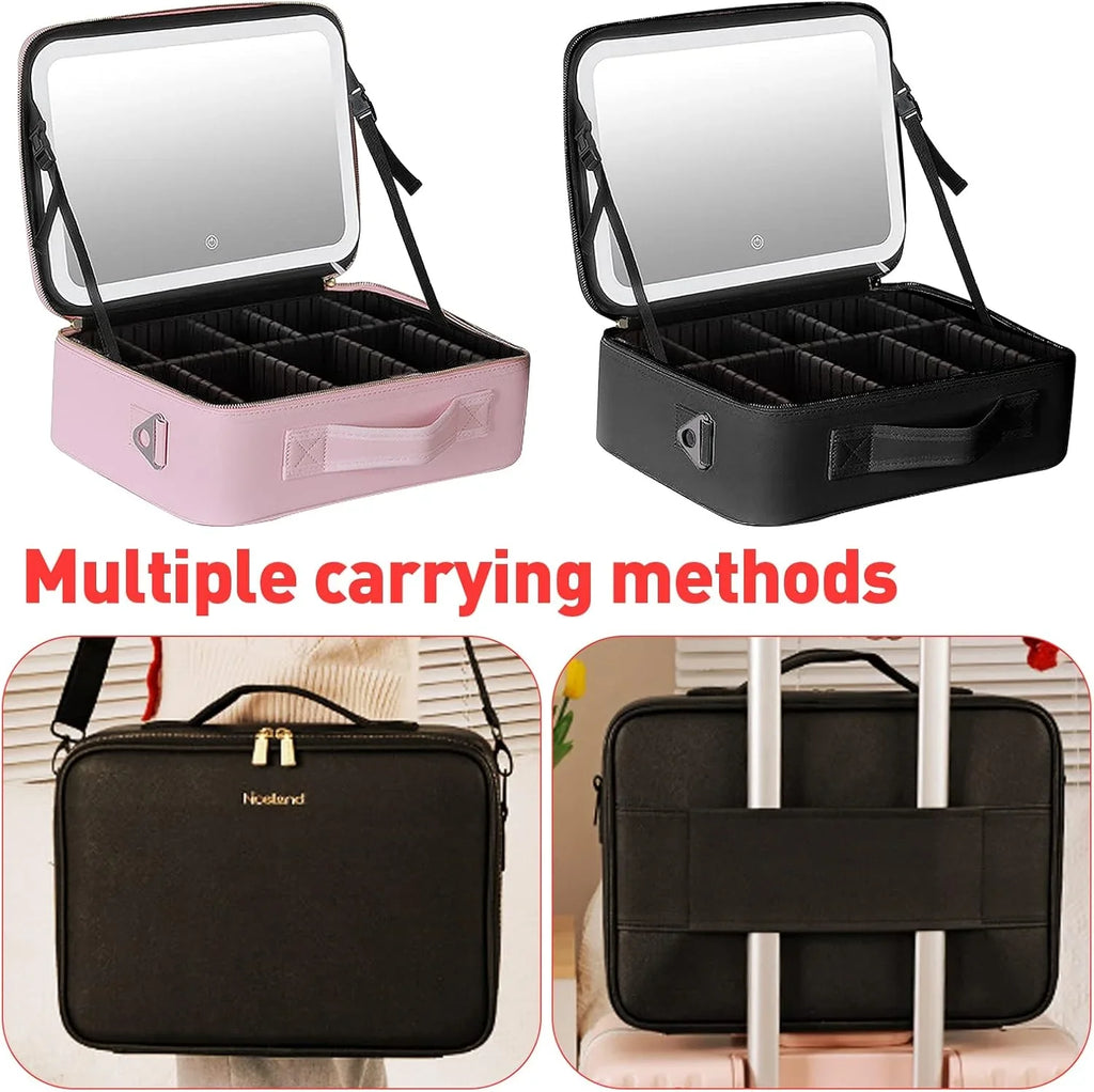 portable Makeup Bag with Adjustable Dividers, Waterproof PU Leather Makeup Case