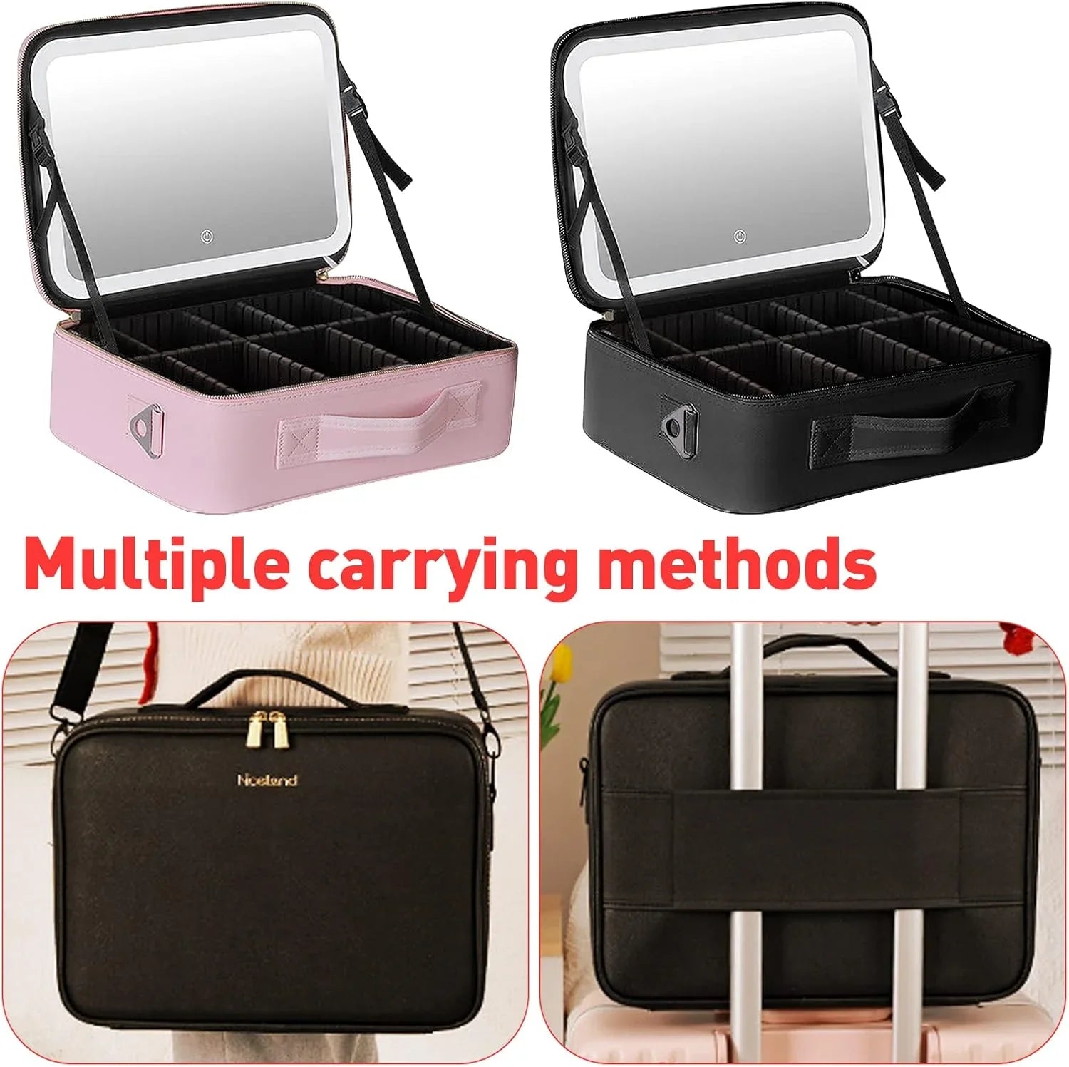 portable Makeup Bag with Adjustable Dividers, Waterproof PU Leather Makeup Case