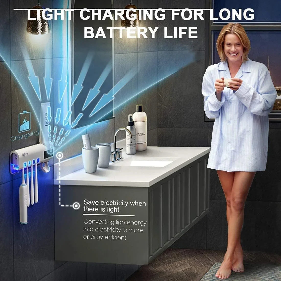 UV Toothbrush Sterilizer/Rechargeable Solar Power LED Disinfection Wall Mounted Toothbrush Holder