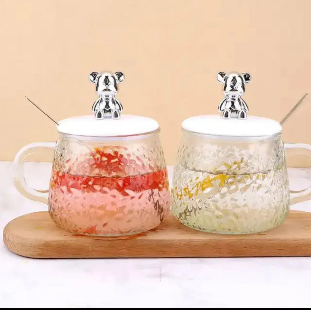 Cute Glass Coffee Mug Milk Cup With Spoon And Cartoon Bear Silicone Lid