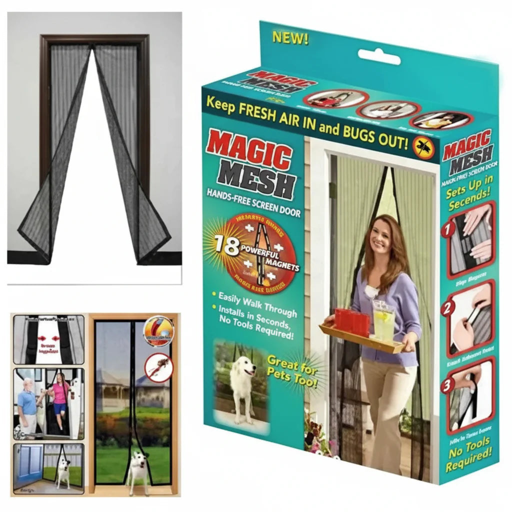 Magic Mesh Hands-Free Screen Door, 6x3.5 ft, Magnetic Auto-Close, Black