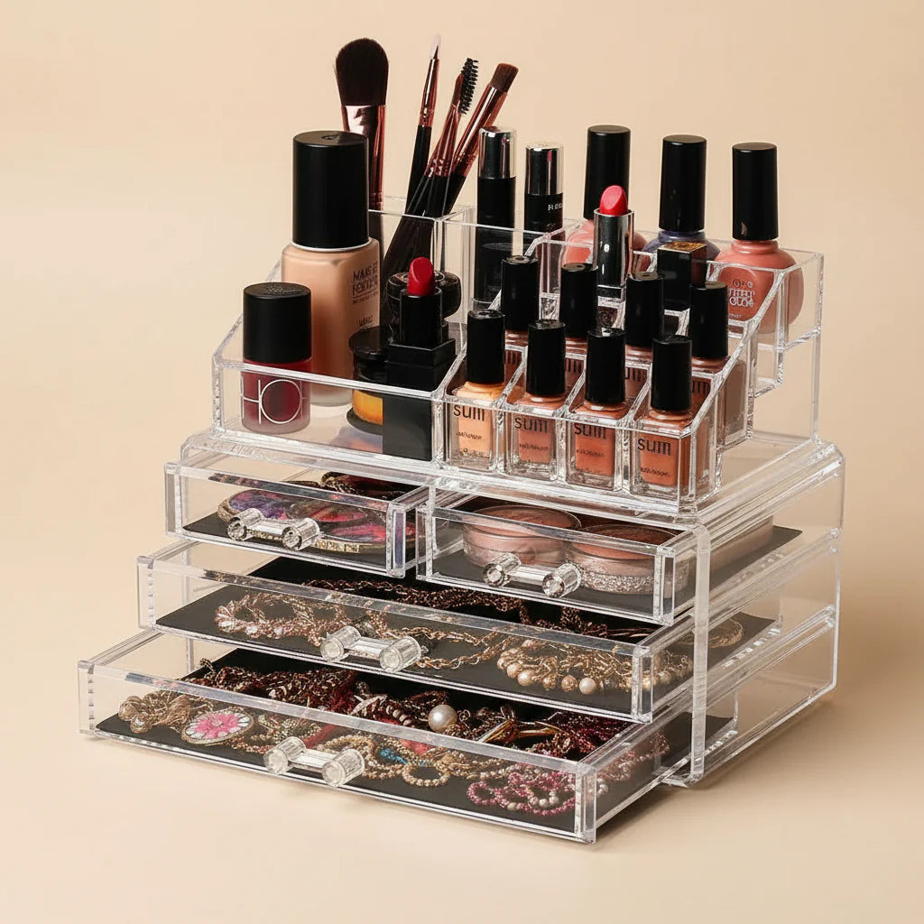 Acrylic Makeup Organizer Drawers Stand, Brush and Jewellery Storage