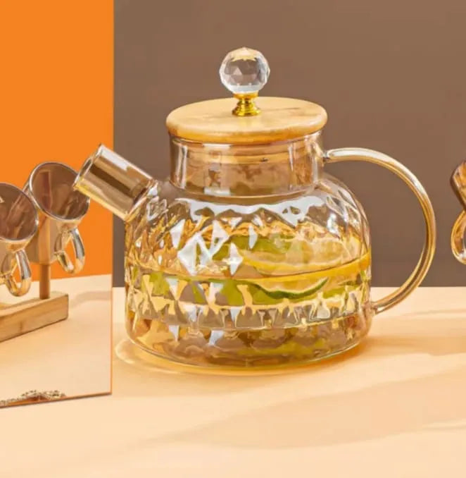 Wooden Lid High Borosilicate Glassware Set with 6 Glasses (Capacity of Glass: 100ml, Capacity of Pot: 1Litre)