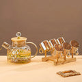 Wooden Lid High Borosilicate Glassware Set with 6 Glasses (Capacity of Glass: 100ml, Capacity of Pot: 1Litre)
