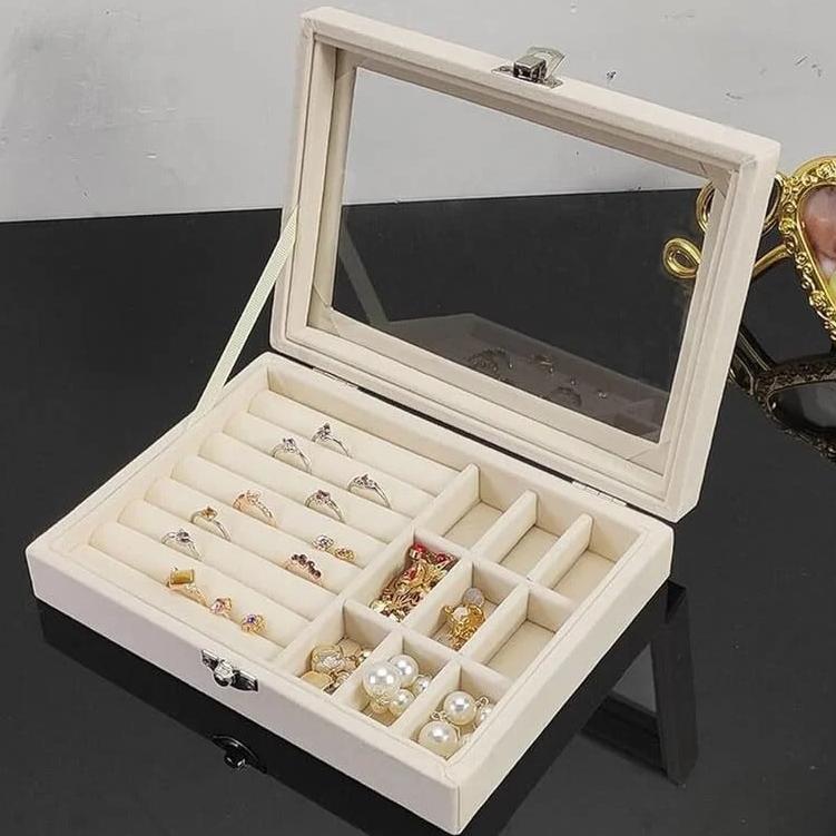Velvet Glass Ring Earring Jewelry Display Organizer Box