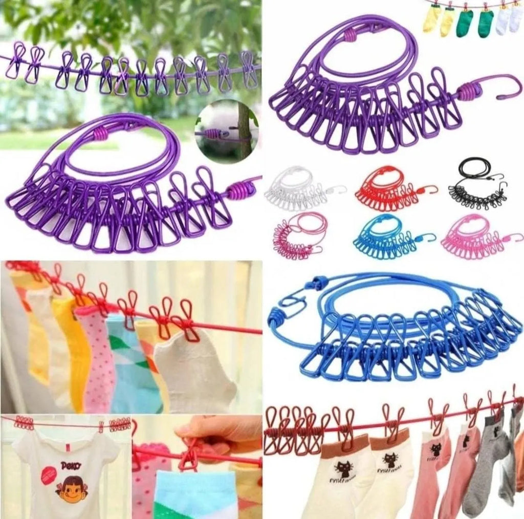 Multi Functional Portable Drying Rope with 12 Clips and 2 Hooks Travel Clothesline Rope
