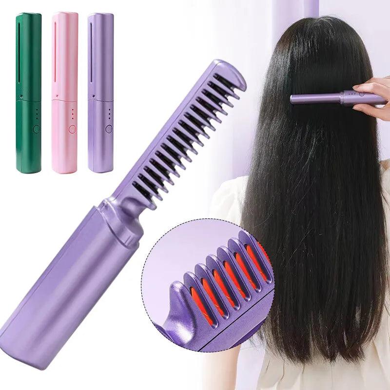 Mini 2 in 1 Professional Wireless Rechargeable Hair Straightener Curler Comb