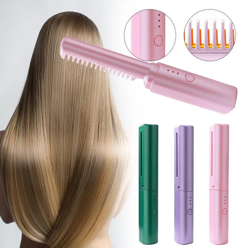 Mini 2 in 1 Professional Wireless Rechargeable Hair Straightener Curler Comb